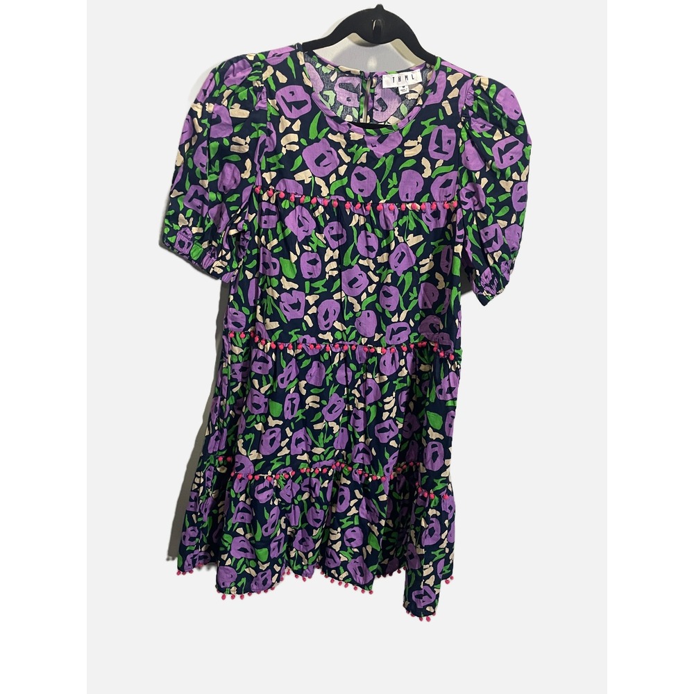 THML Mini Dress Womens M Purple Floral Pom Pom Tiered Puff Sleeve Boho THS1123-N - Picture 3 of 6